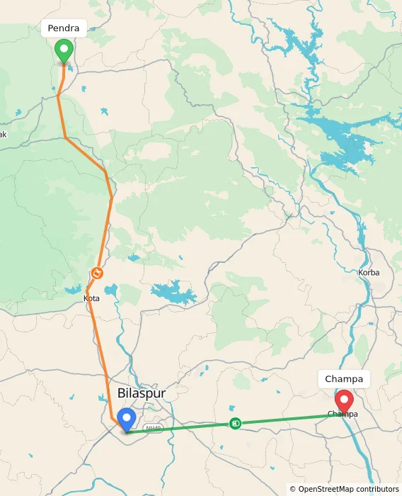 Route map showing distance and travel time from Pendra, India to Champa, India