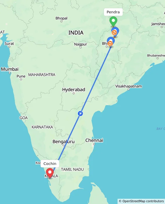 Route map showing distance and travel time from Pendra, India to Cochin, India
