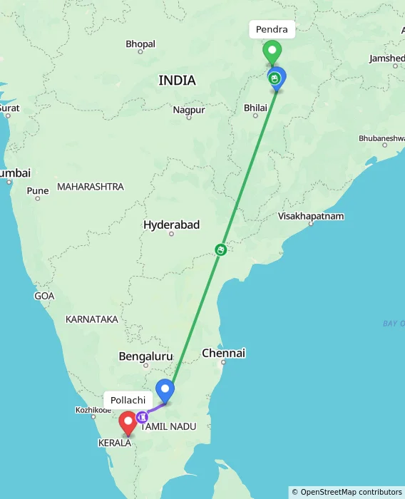 Route map showing distance and travel time from Pendra, India to Pollachi, India