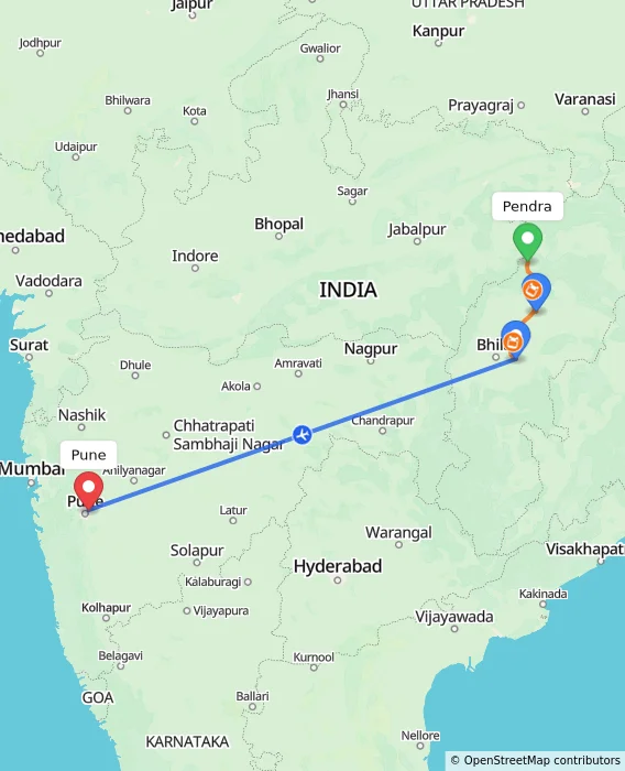 Route map showing distance and travel time from Pendra, India to Pune, India