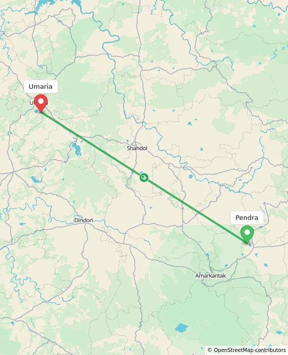 Route map showing distance and travel time from Pendra, India to Umaria, India