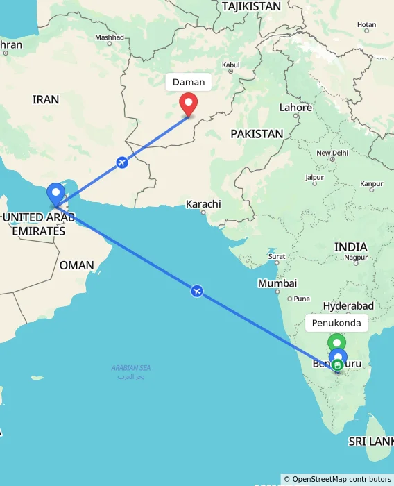 Route map showing distance and travel time from Penukonda, India to Daman, Afghanistan