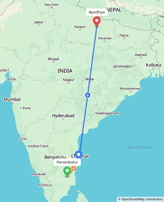 Route map showing distance and travel time from Perambalur, India to Ayodhya, India