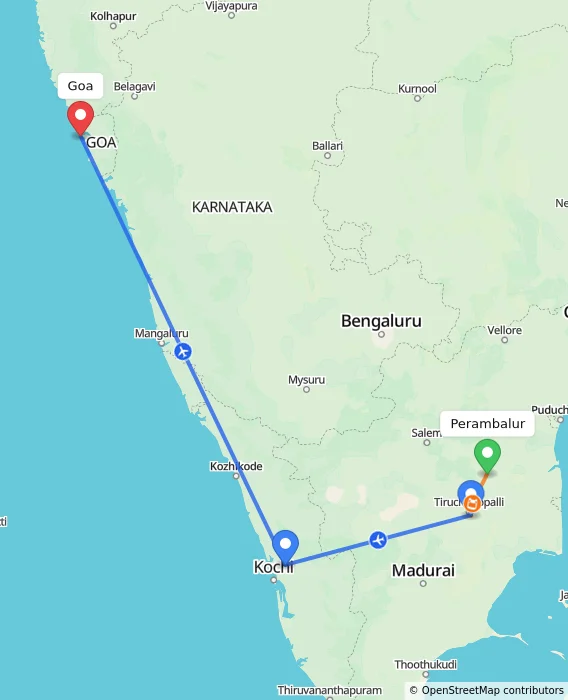 Route map showing distance and travel time from Perambalur, India to Goa, India