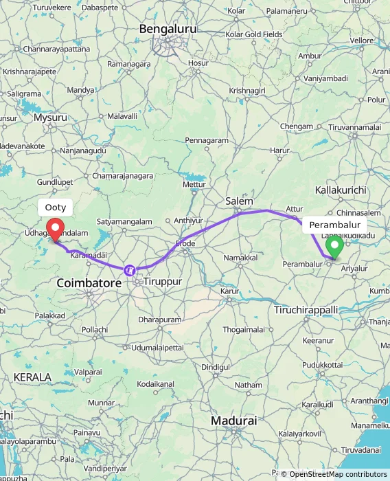 Route map showing distance and travel time from Perambalur, India to Ooty, India
