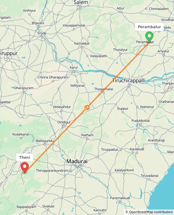Route map showing distance and travel time from Perambalur, India to Theni, India