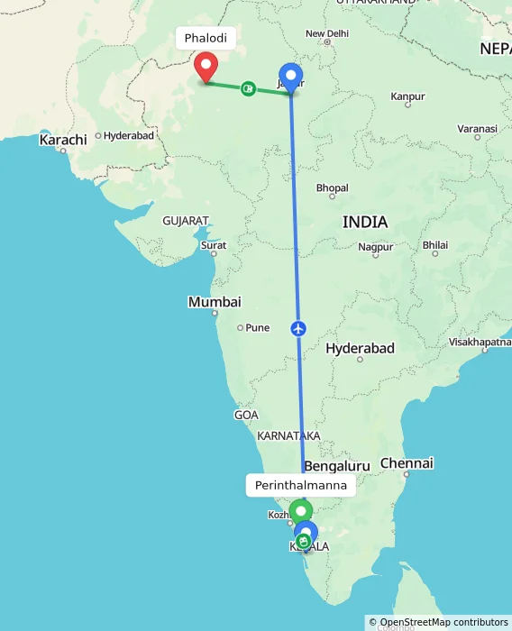 Route map showing distance and travel time from Perinthalmanna, India to Phalodi, India