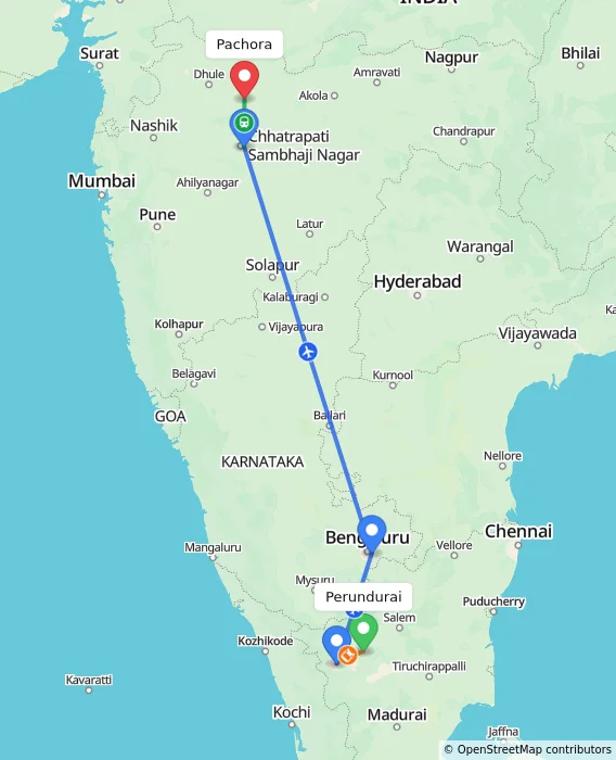 Route map showing distance and travel time from Perundurai, India to Pachora, India