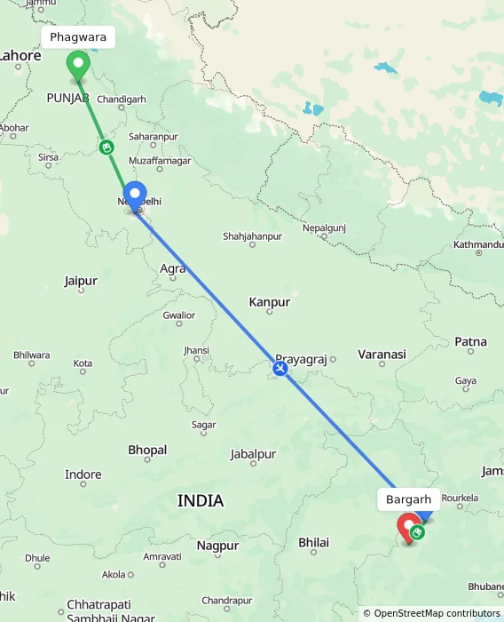 Route map showing distance and travel time from Phagwara, India to Bargarh, India