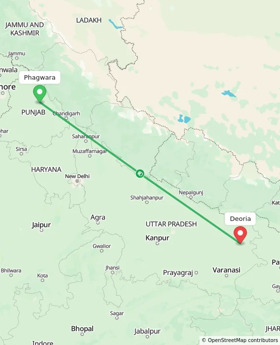 Route map showing distance and travel time from Phagwara, India to Deoria, India