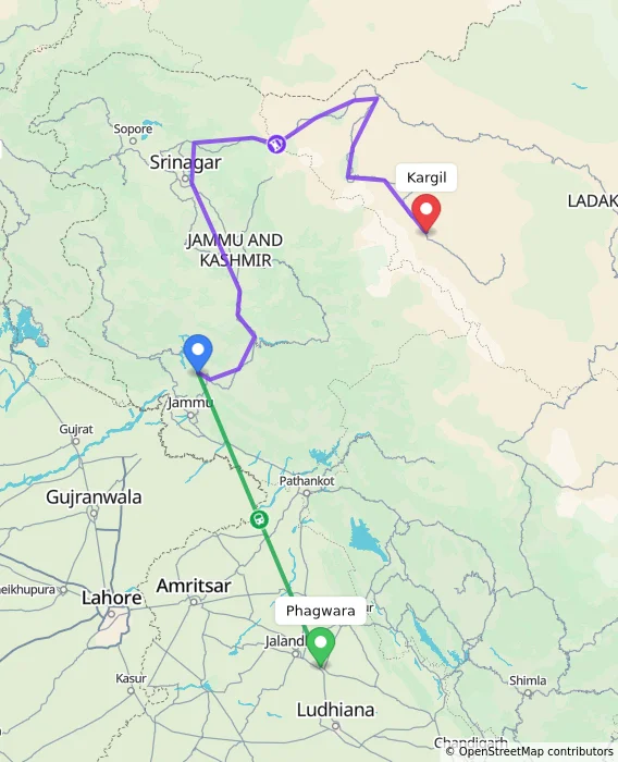Route map showing distance and travel time from Phagwara, India to Kargil, India