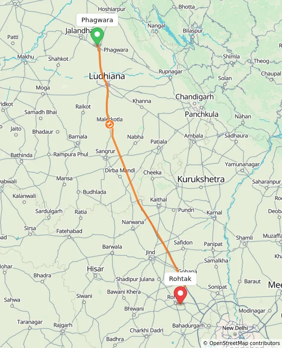 Route map showing distance and travel time from Phagwara, India to Rohtak, India