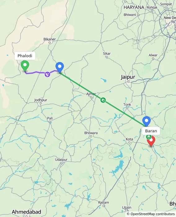Route map showing distance and travel time from Phalodi, India to Baran, India
