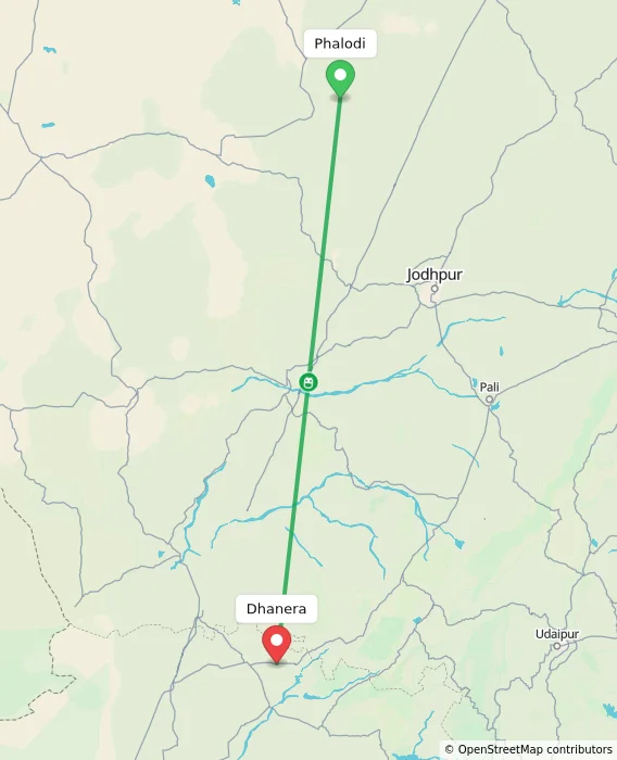 Route map showing distance and travel time from Phalodi, India to Dhanera, India