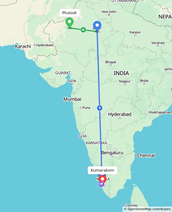 Route map showing distance and travel time from Phalodi, India to Kumarakom, India