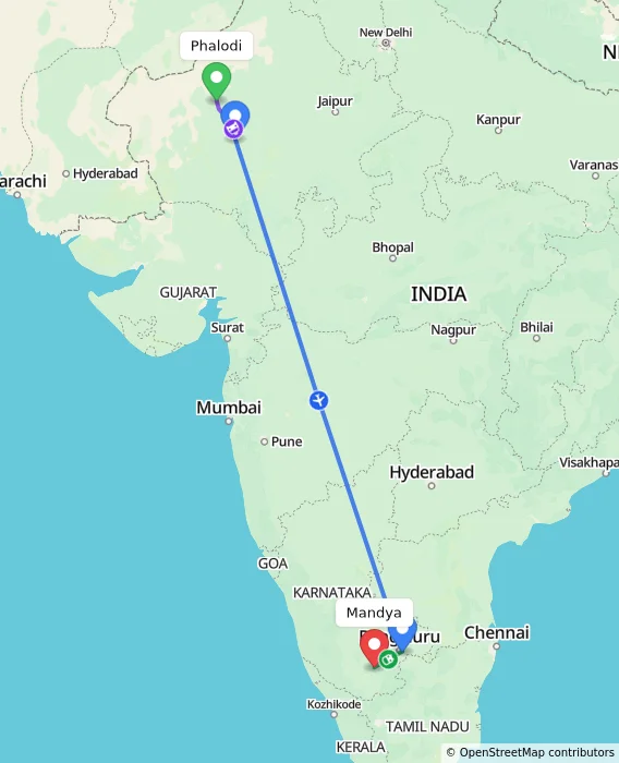 Route map showing distance and travel time from Phalodi, India to Mandya, India