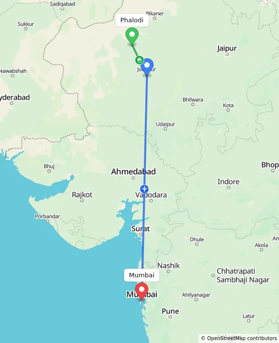 Route map showing distance and travel time from Phalodi, India to Mumbai, India