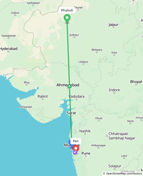 Route map showing distance and travel time from Phalodi, India to Pen, India