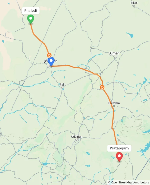 Route map showing distance and travel time from Phalodi, India to Pratapgarh, India