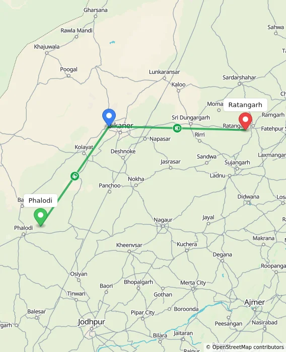 Route map showing distance and travel time from Phalodi, India to Ratangarh, India