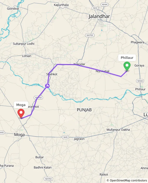 Route map showing distance and travel time from Phillaur, India to Moga, India