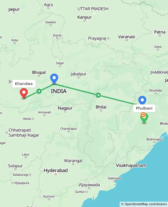 Route map showing distance and travel time from Phulbani, India to Khandwa, India