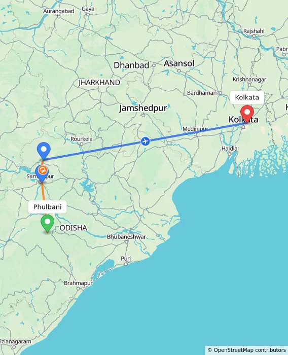 Route map showing distance and travel time from Phulbani, India to Kolkata, India