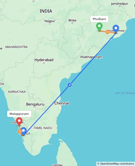 Route map showing distance and travel time from Phulbani, India to Malappuram, India