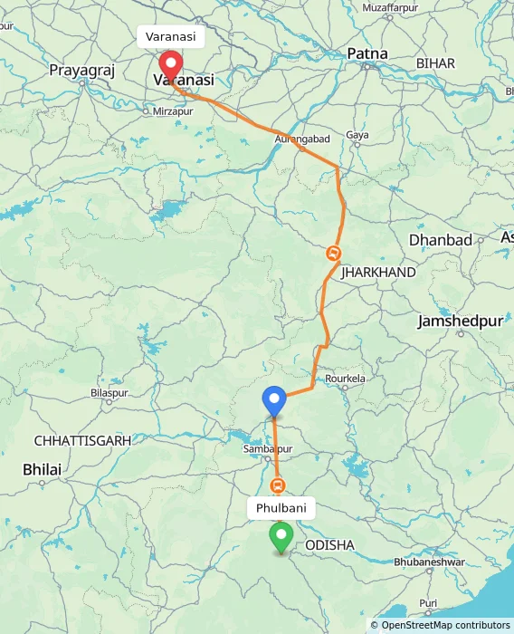 Route map showing distance and travel time from Phulbani, India to Varanasi, India