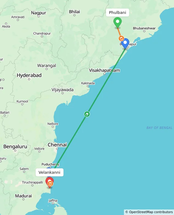Route map showing distance and travel time from Phulbani, India to Velankanni, India