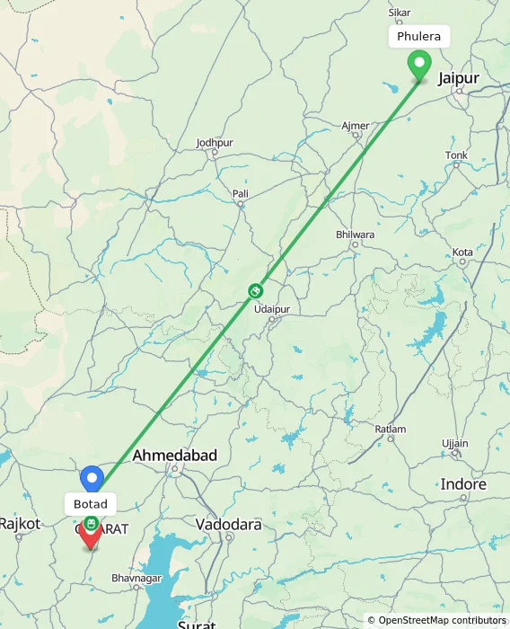 Route map showing distance and travel time from Phulera, India to Botad, India