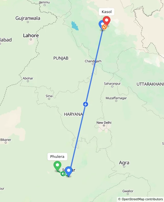 Route map showing distance and travel time from Phulera, India to Kasol, India