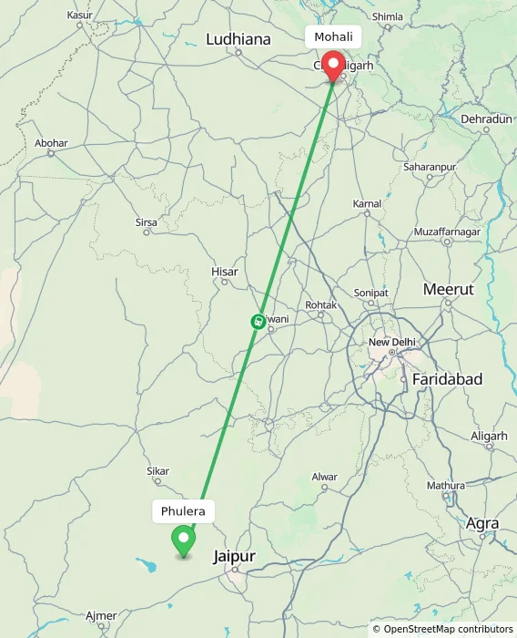 Route map showing distance and travel time from Phulera, India to Mohali, India