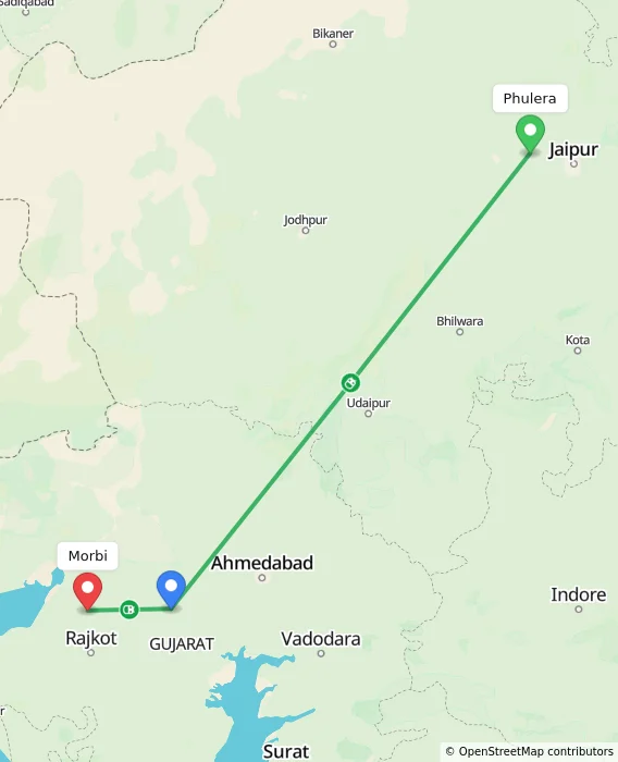 Route map showing distance and travel time from Phulera, India to Morbi, India