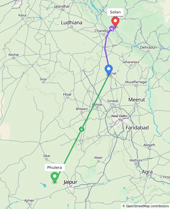 Route map showing distance and travel time from Phulera, India to Solan, India