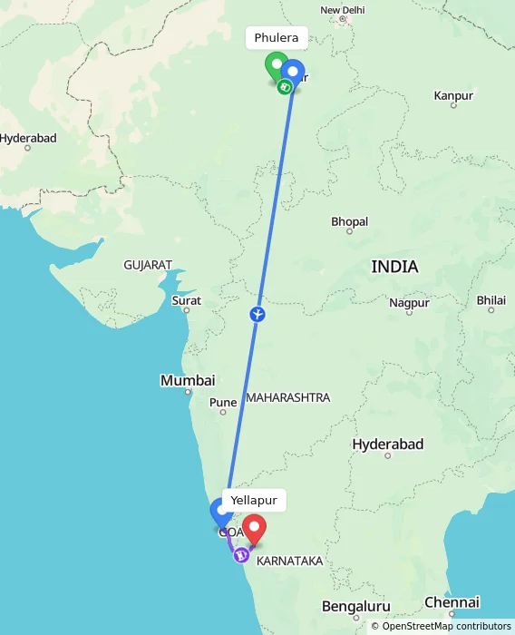 Route map showing distance and travel time from Phulera, India to Yellapur, India