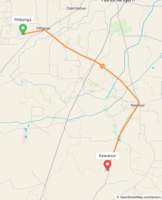 Route map showing distance and travel time from Pilibanga, India to Rawatsar, India