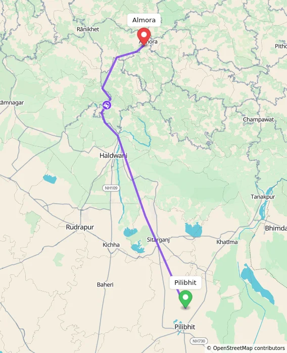 Route map showing distance and travel time from Pilibhit, India to Almora, India