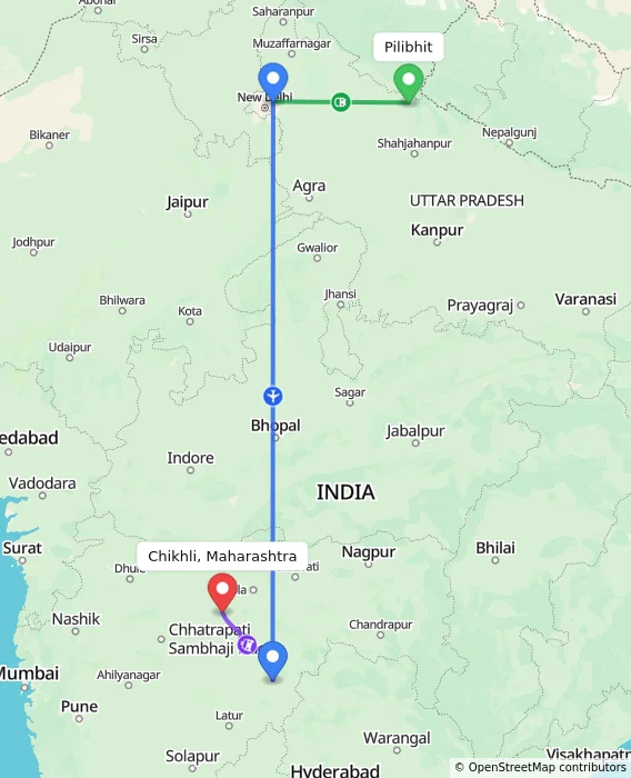 Route map showing distance and travel time from Pilibhit, India to Chikhli, Maharashtra, India