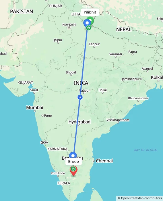 Route map showing distance and travel time from Pilibhit, India to Erode, India