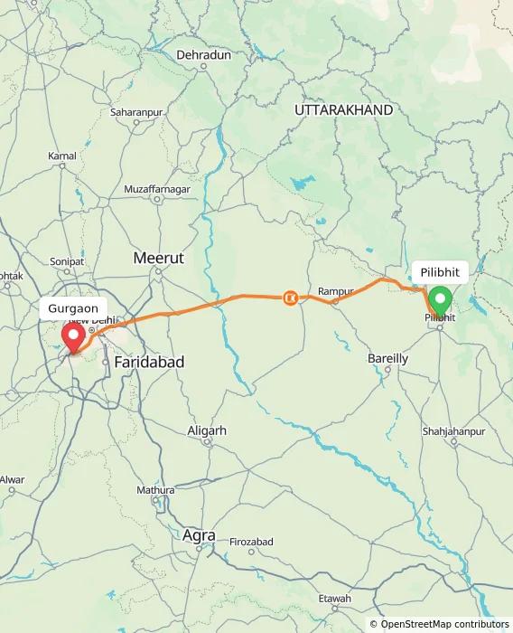 Route map showing distance and travel time from Pilibhit, India to Gurgaon, India