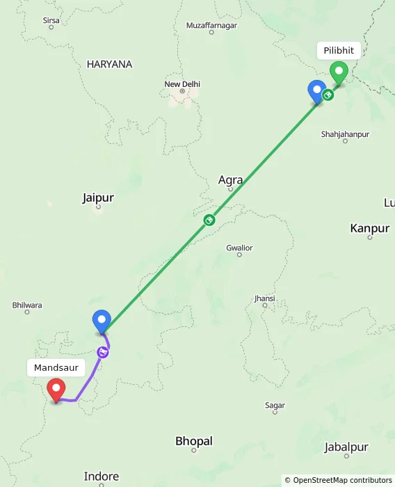 Route map showing distance and travel time from Pilibhit, India to Mandsaur, India