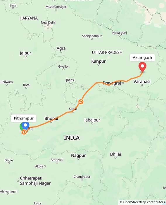 Route map showing distance and travel time from Pithampur, India to Azamgarh, India