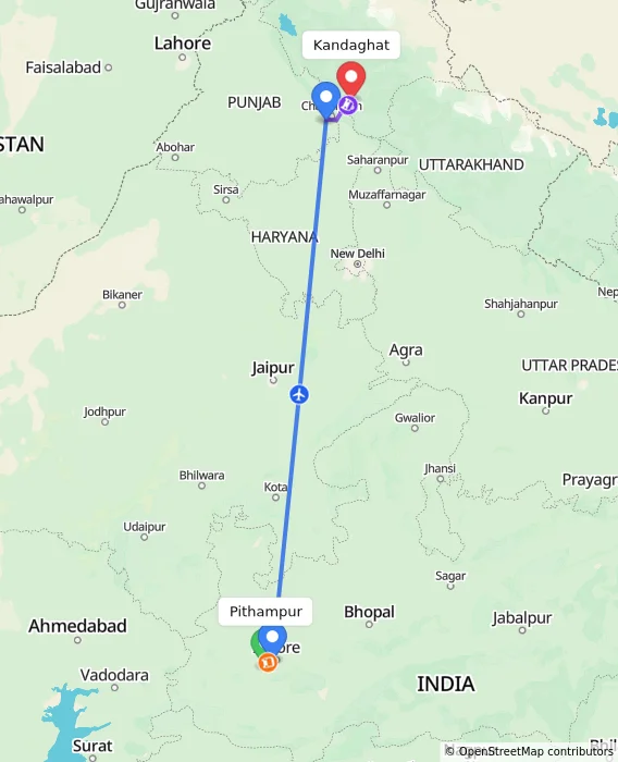 Route map showing distance and travel time from Pithampur, India to Kandaghat, India