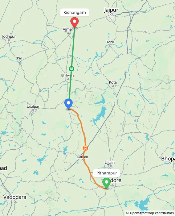 Route map showing distance and travel time from Pithampur, India to Kishangarh, India