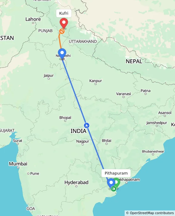 Route map showing distance and travel time from Pithapuram, India to Kufri, India