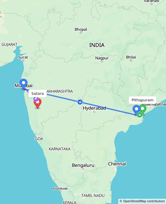 Route map showing distance and travel time from Pithapuram, India to Satara, India