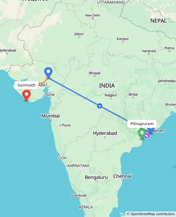Route map showing distance and travel time from Pithapuram, India to Somnath, India