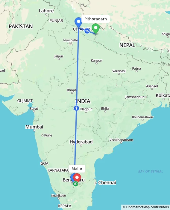 Route map showing distance and travel time from Pithoragarh, India to Malur, India