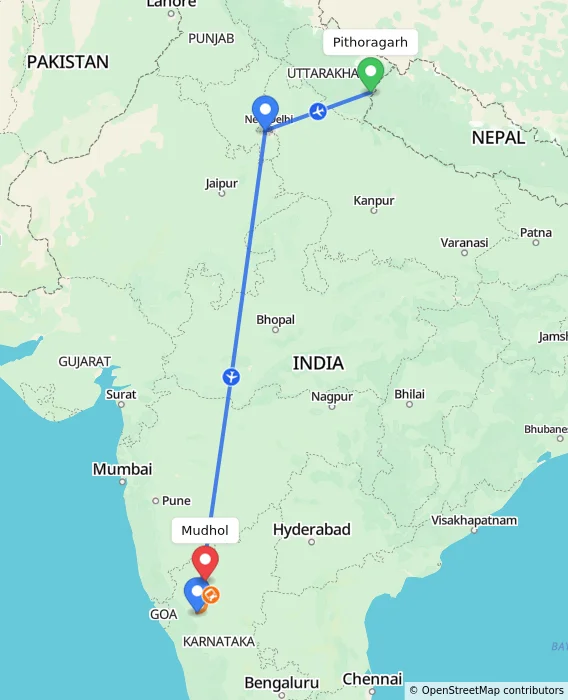 Route map showing distance and travel time from Pithoragarh, India to Mudhol, India